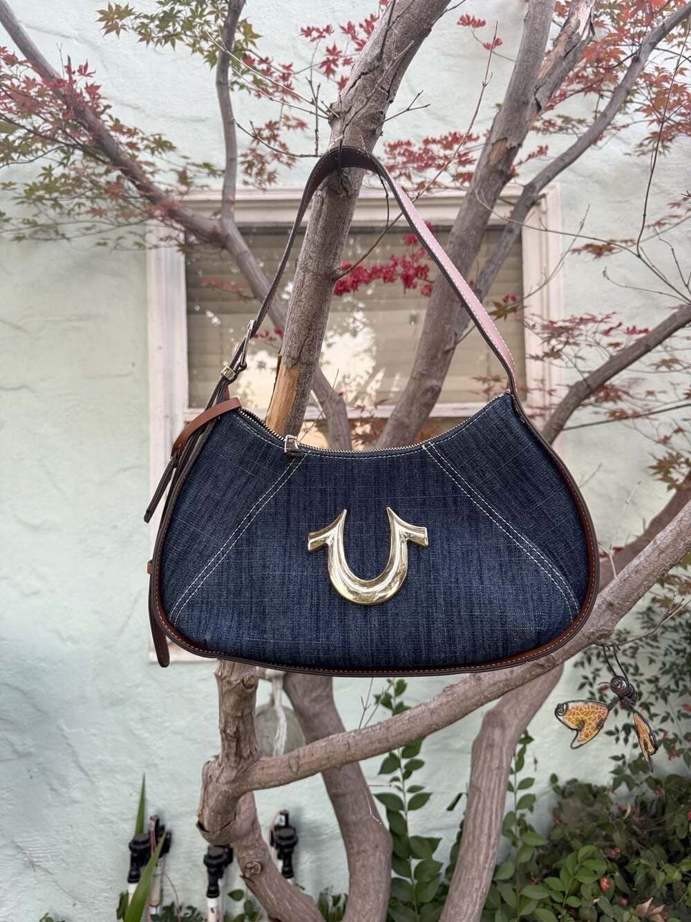 Y2K True Religion Denim Horseshoe Hobo Shoulder Bag with Brown Leather Trim Back